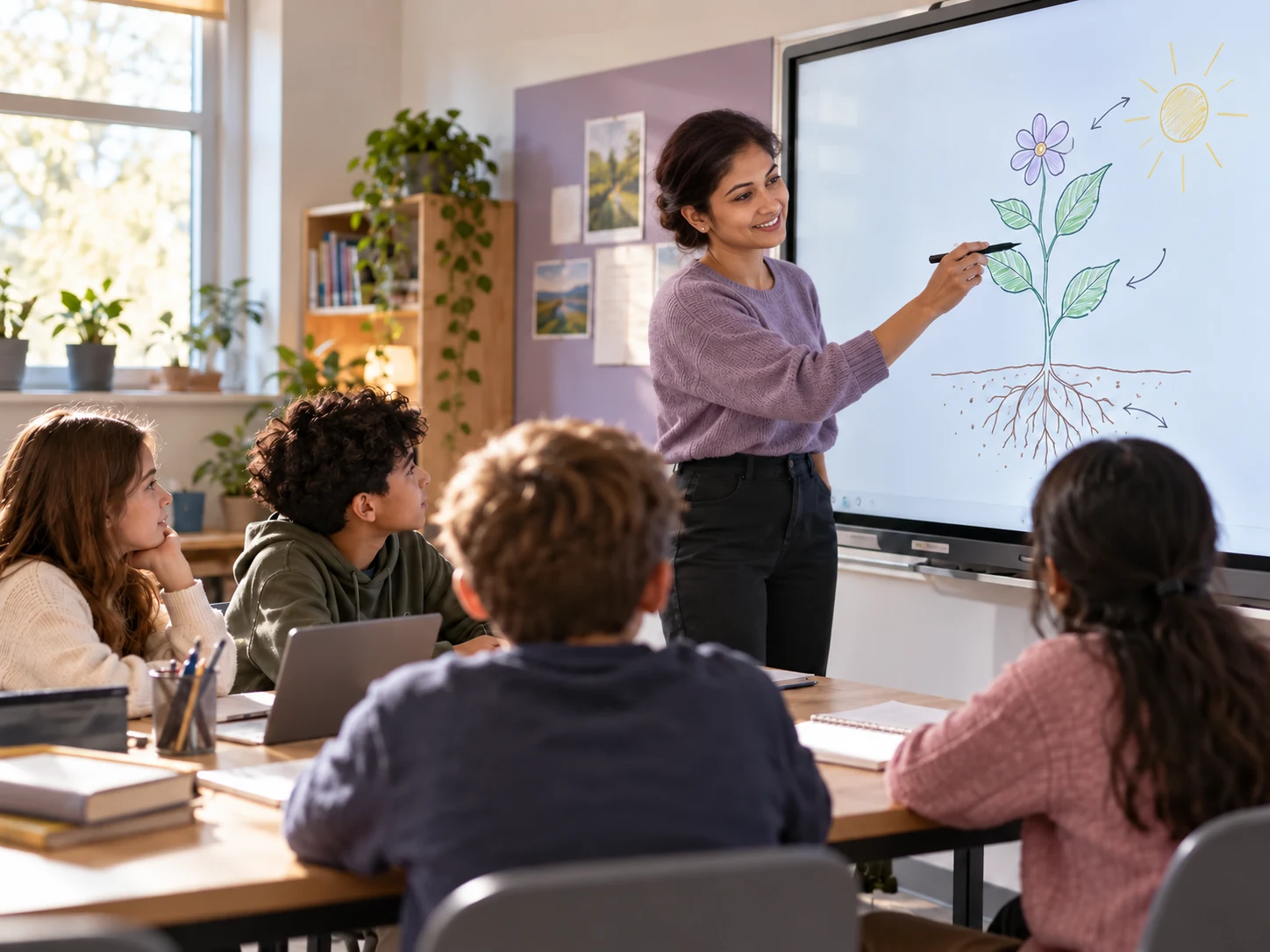 A teacher explaining a concept on an interactive display