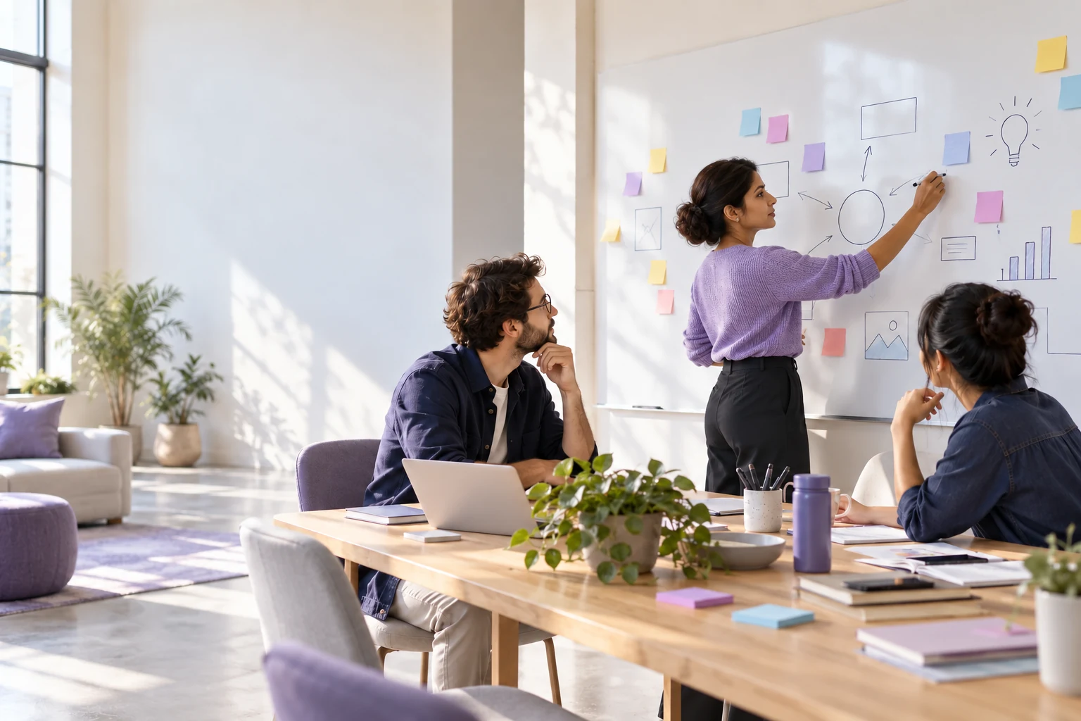 A team mapping ideas together at a whiteboard