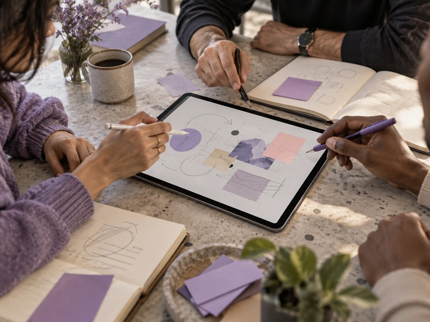 A team sketching and organizing ideas together on a tablet